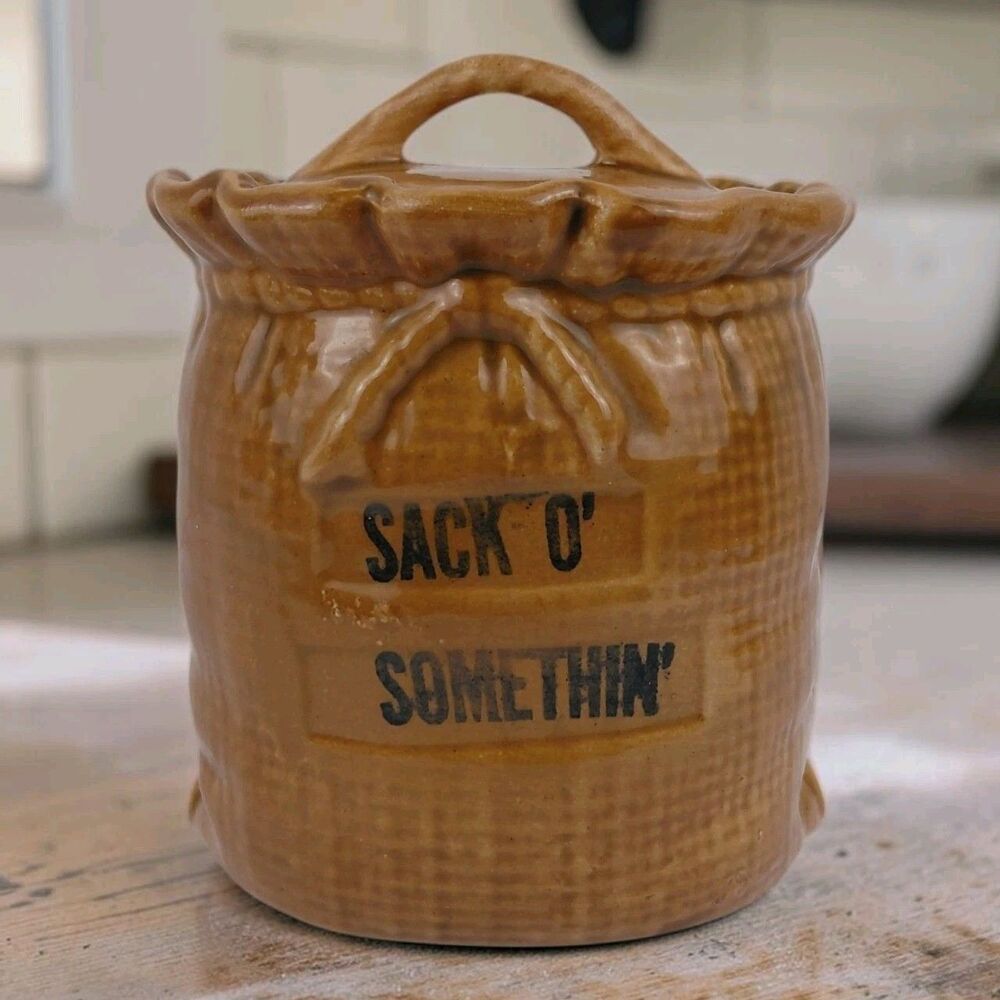 Vtg House of Webster TX Ceramic Biscuit Jar Canister Burlap Sack O' Something